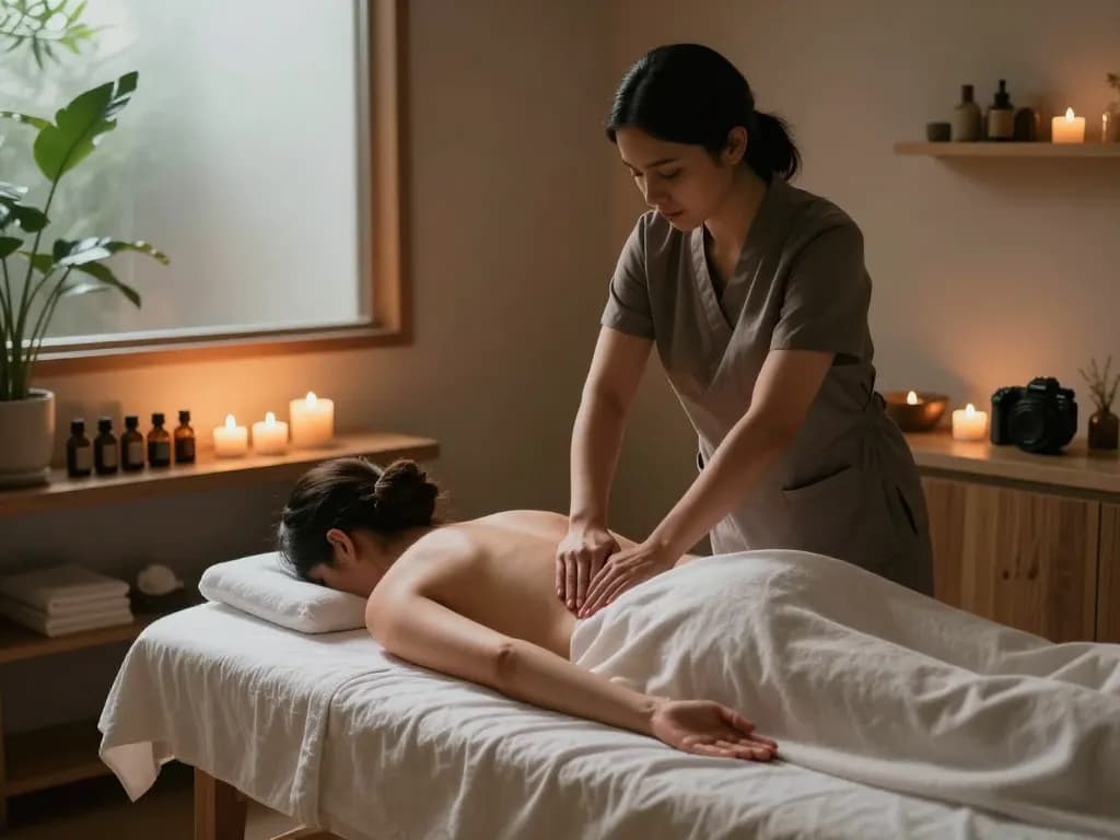 아로마 오일과 부드러운 조명으로 편안한 마사지 세팅이 돋보이는 잠실스웨디시 스파의 여유로운 분위기