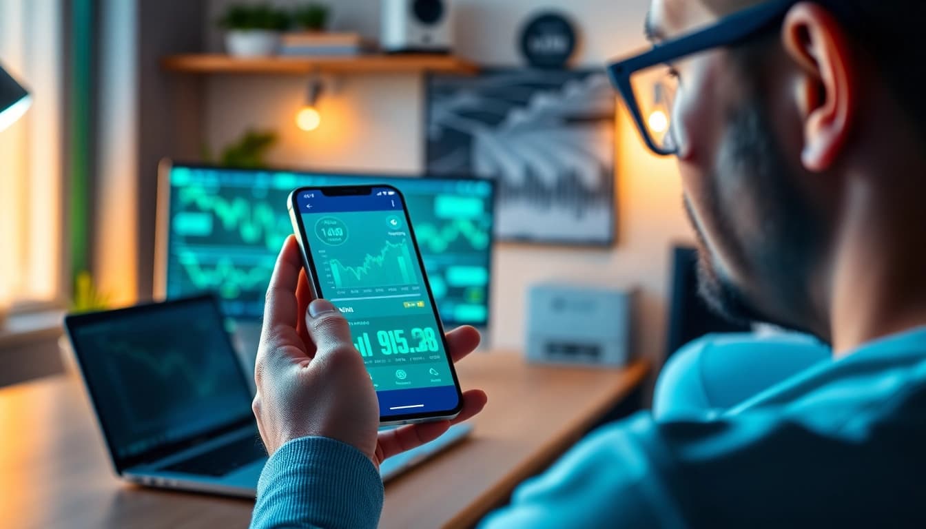 Engaging scene of a user interacting with a crypto mining app on a smartphone in a modern home office.