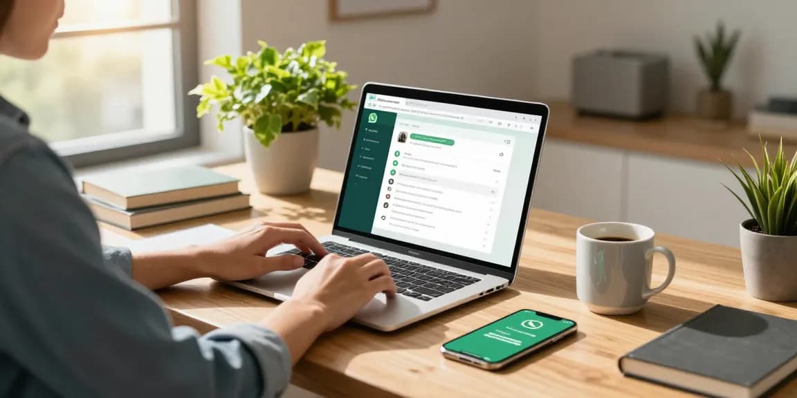 Person using WhatsApp電腦版 on a laptop in a modern home office with warm light and cozy decor.