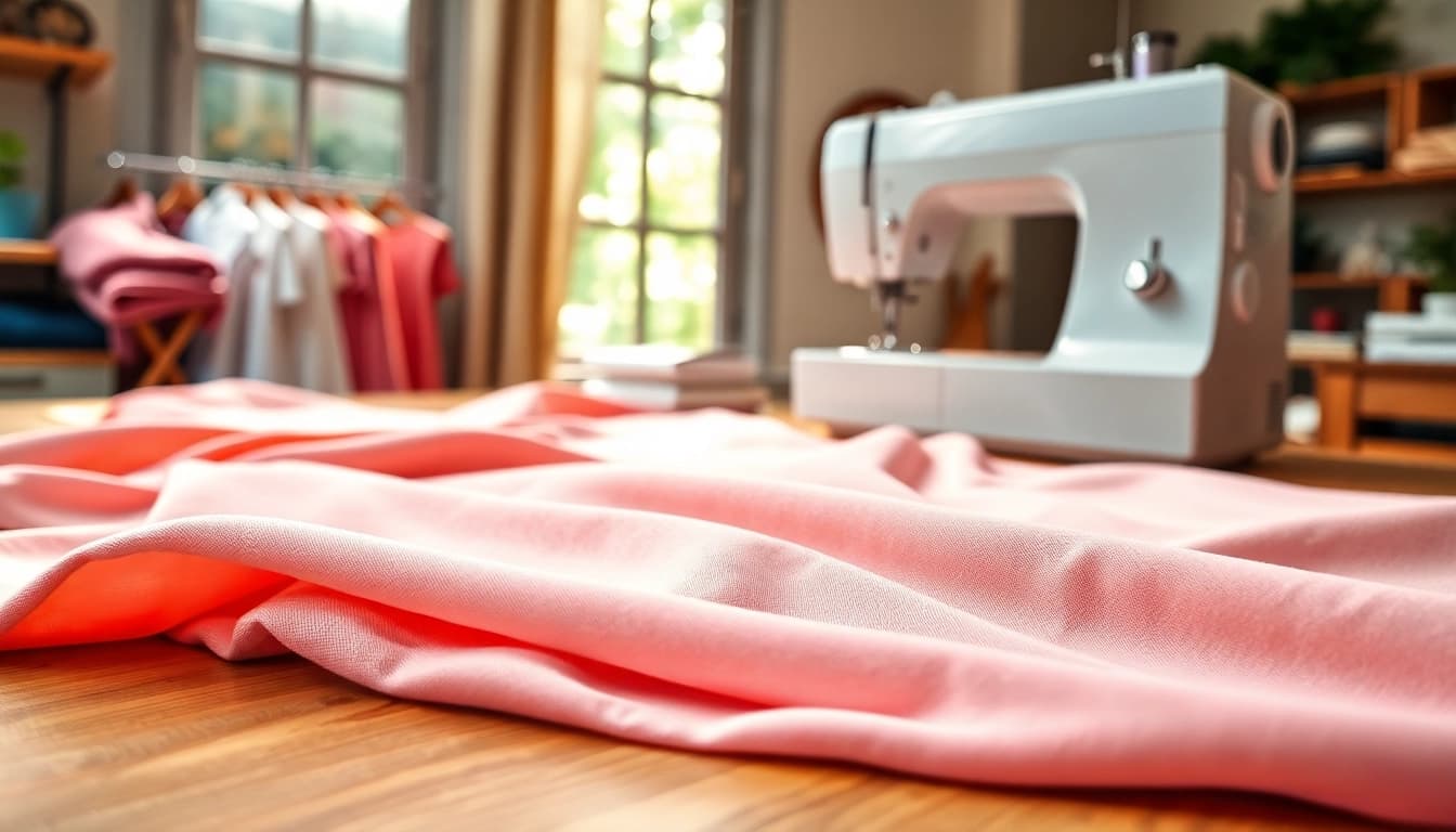 Stof voor blouse op een tafel met naaimachine en kleurrijke stoffen.