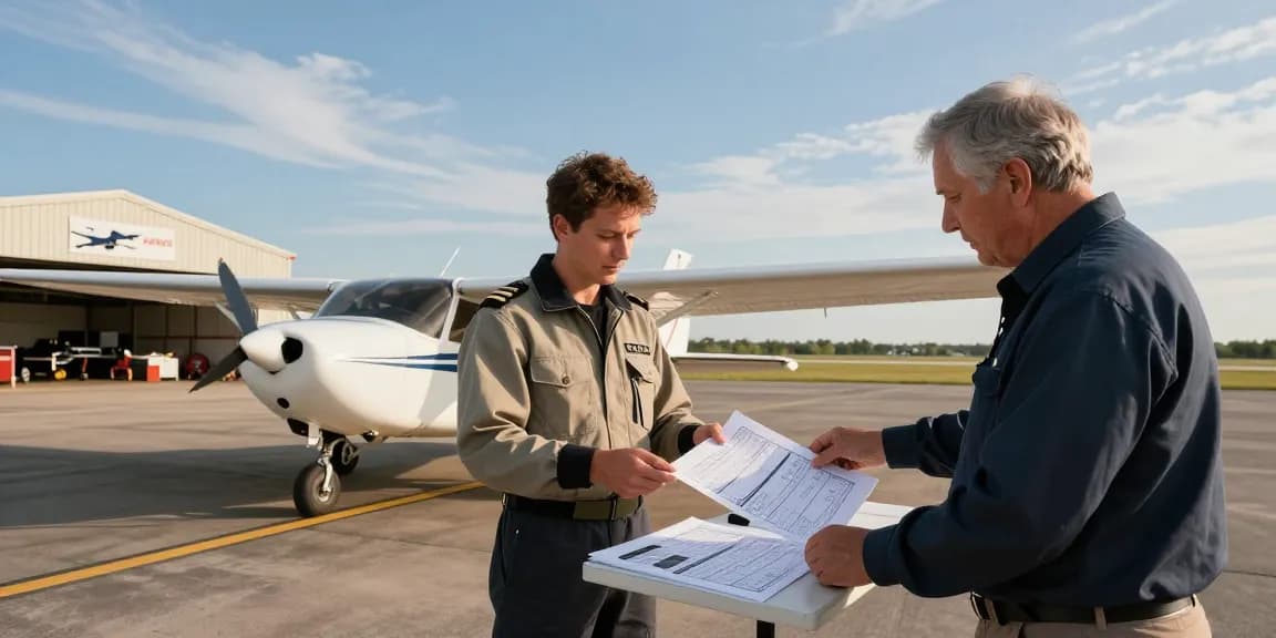 Pilot training at a flight school near me, with an instructor briefing students outdoors by an aircraft.