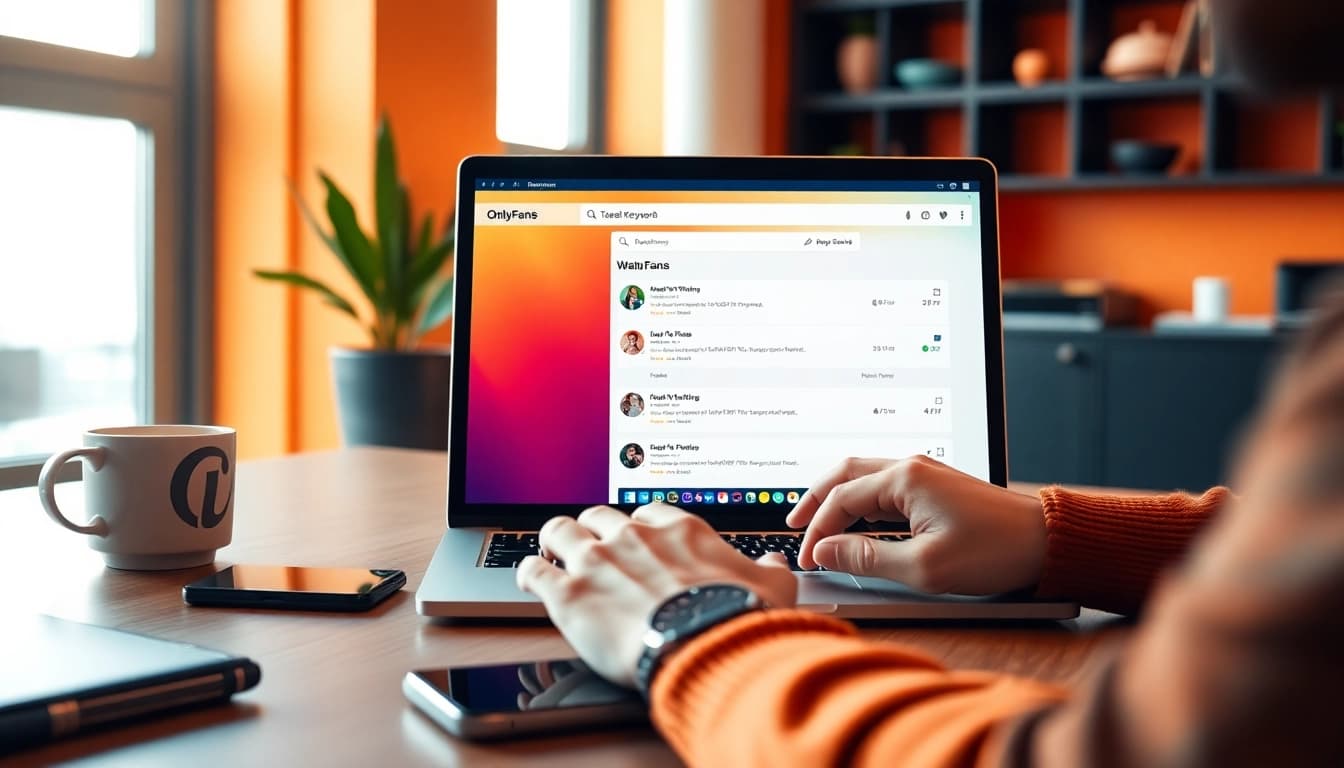 OnlyFans search by keywords in a vibrant digital workspace with a laptop.