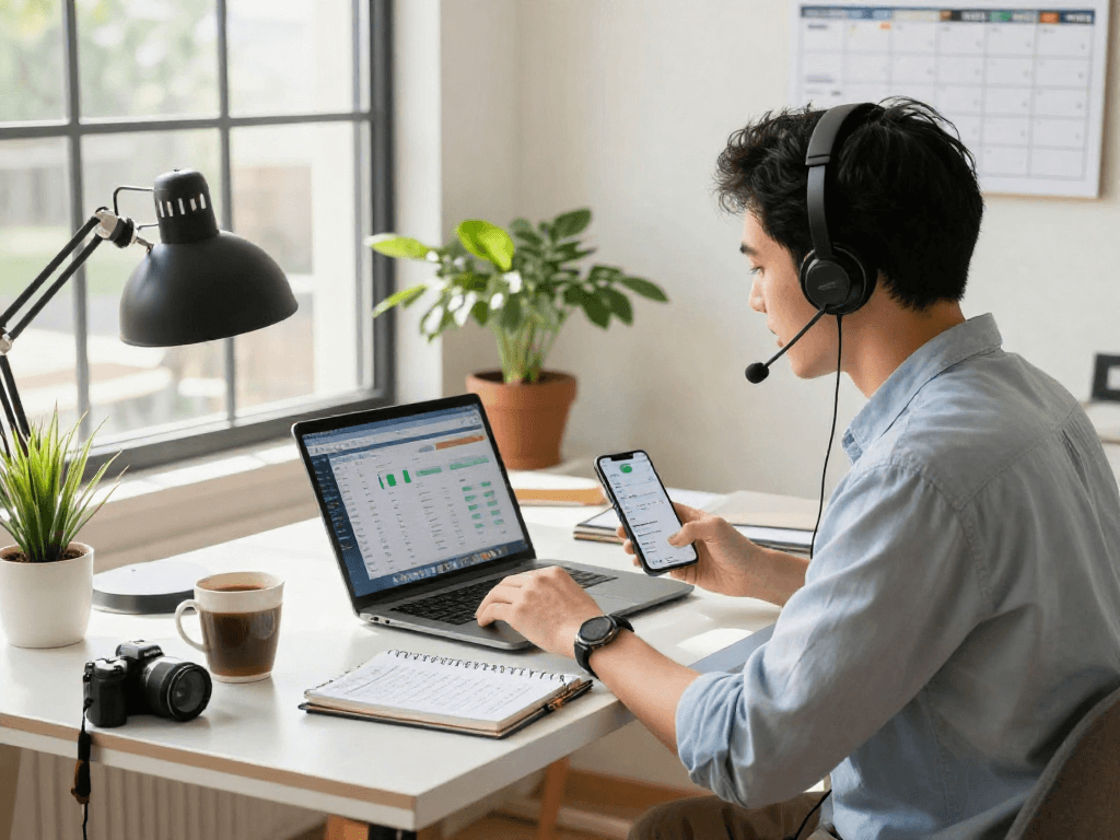 AI receptionist for small business enhancing productivity in a bright modern office setting.