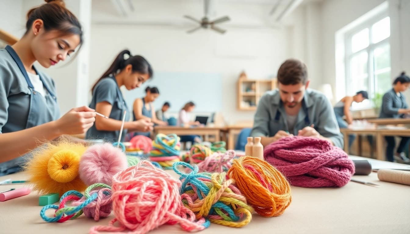 Engaged individuals showcasing the craft trainee program in a vibrant studio environment.