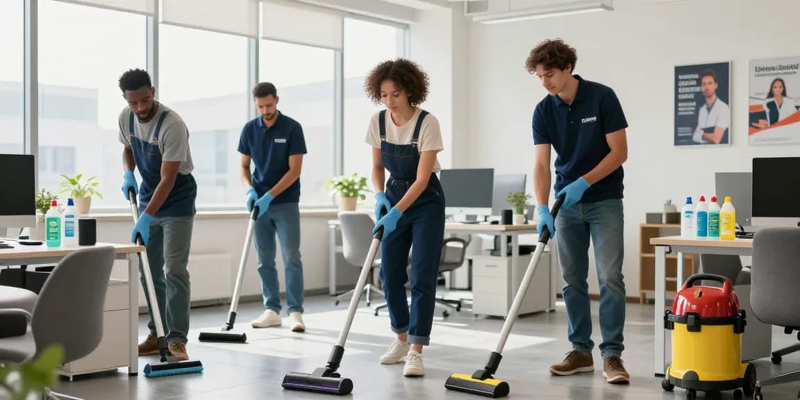 Reinigungsfirma bei der Arbeit in modernem Büro mit professionellem Team und umweltfreundlichen Reinigungsmitteln.