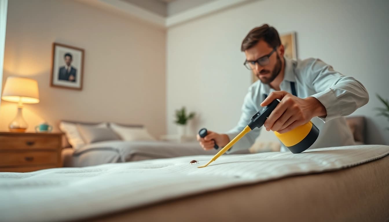 Technician delivering affordable bed bug treatment while inspecting a mattress.