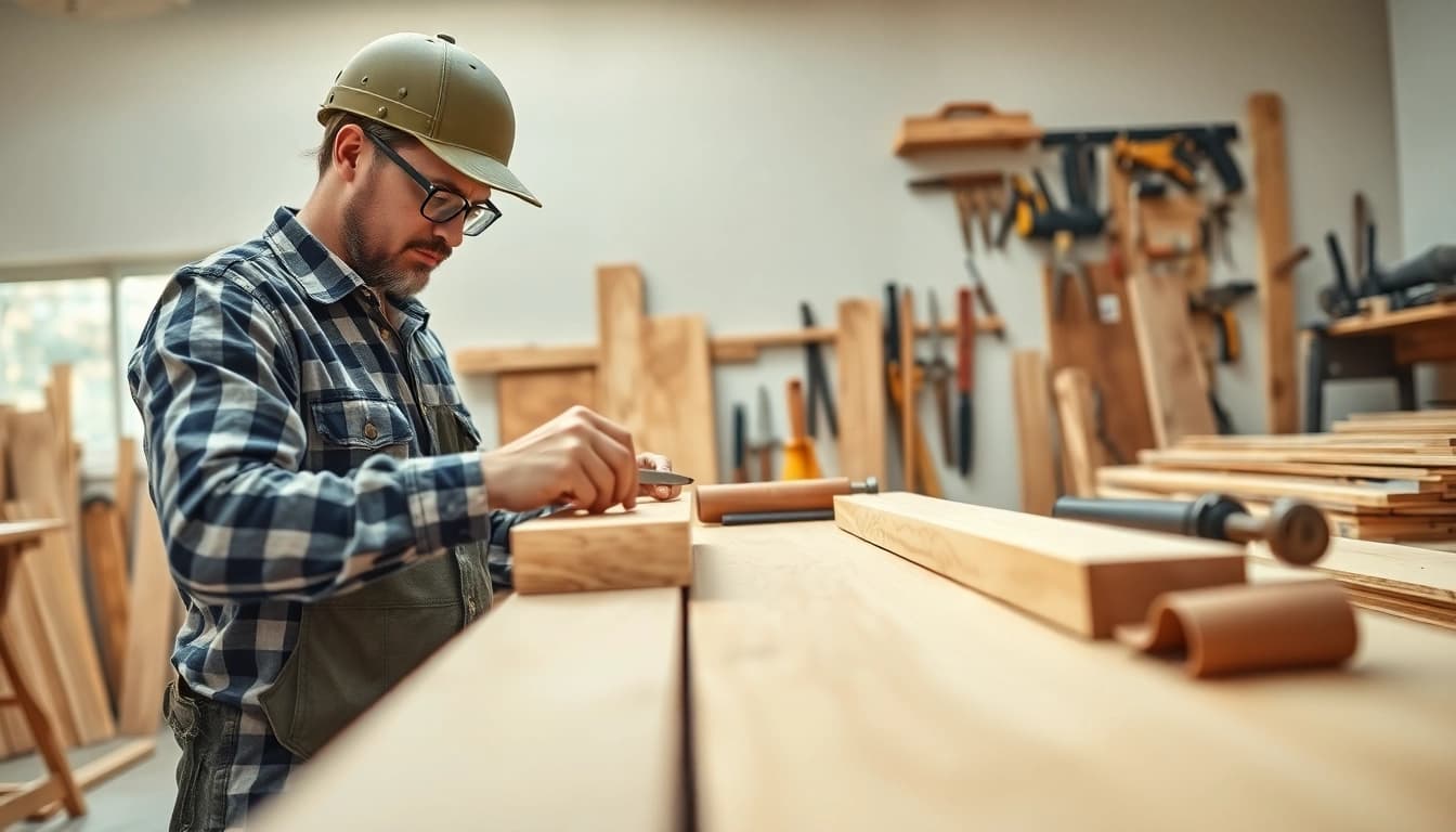 Craftsman engaging in carpentry apprenticeship, showcasing wood craftsmanship and tools in bright workshop.