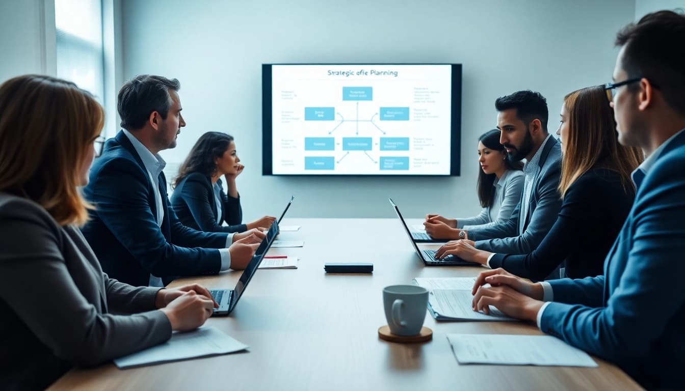 Illustrative scene of Acquisition Planning/Strategy Capture Management session with a diverse business team in discussion.