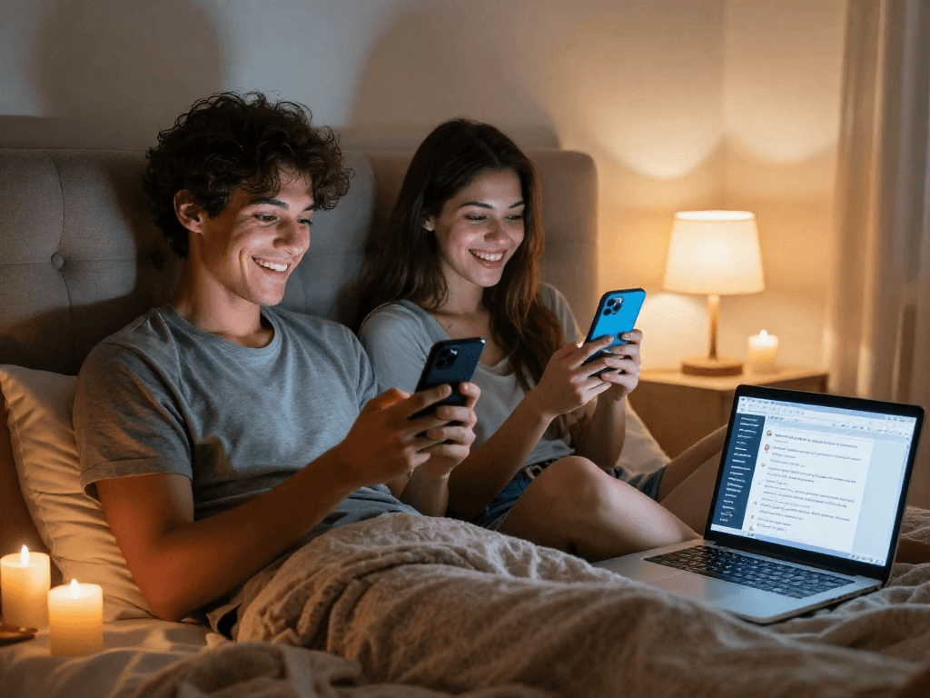 Couple enjoying sexting ai in a cozy bedroom, engaged in romantic messaging.
