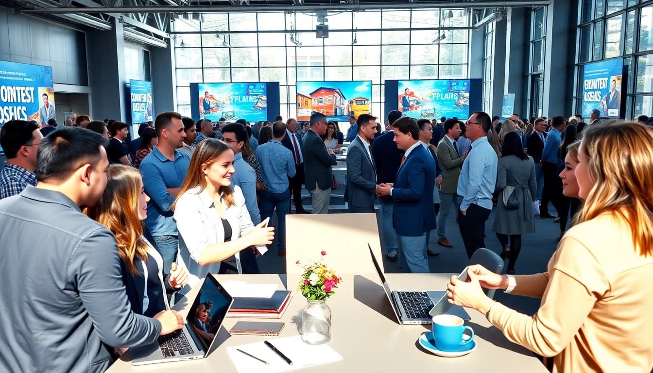 Engaged participants at construction networking events exchanging ideas and business cards.