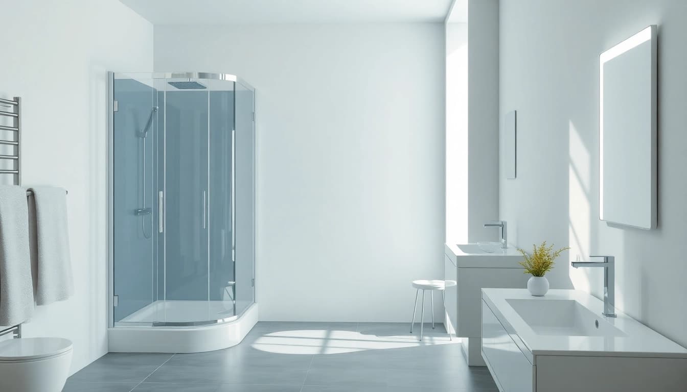 Admire the elegance of Sirhona France's modern bathroom designs featuring LED mirrors and shower cabins.