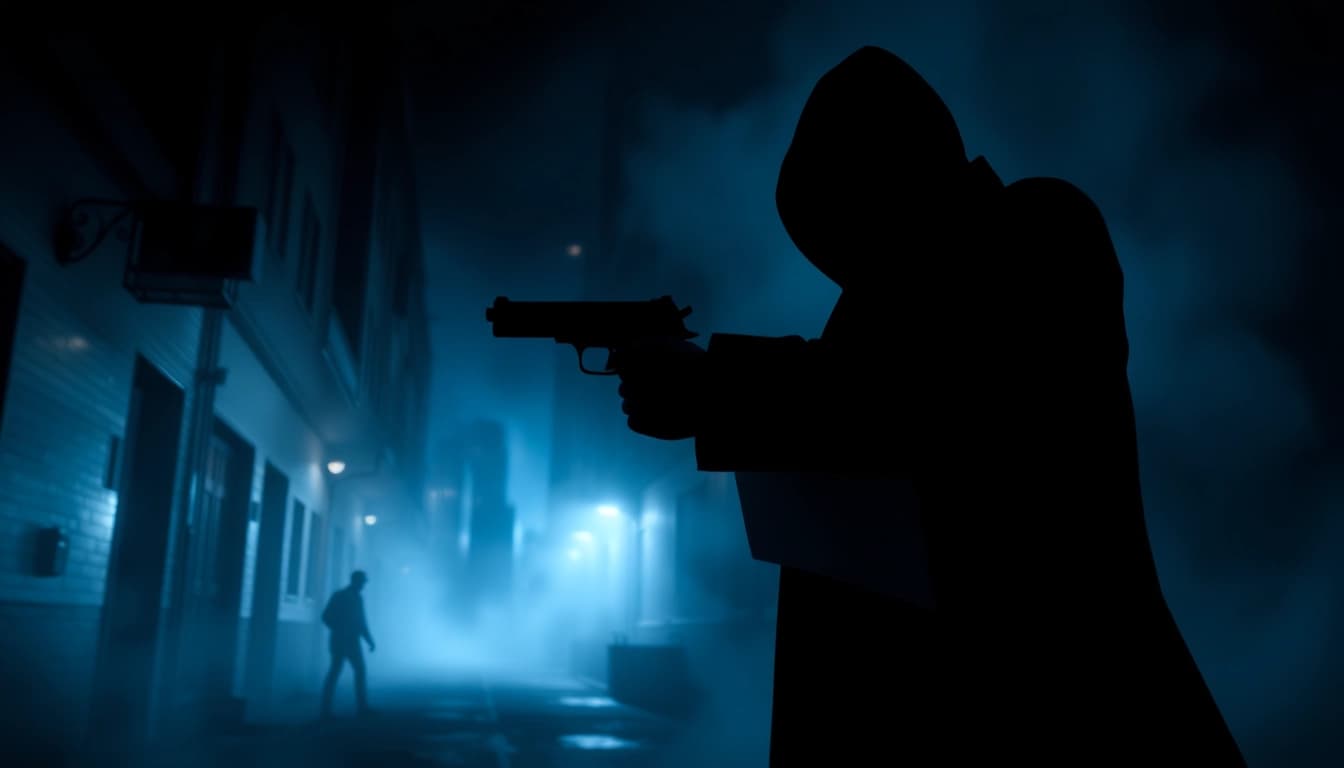Action-packed moment in Contracts and Bullets, showcasing an assassin faced with a critical decision.