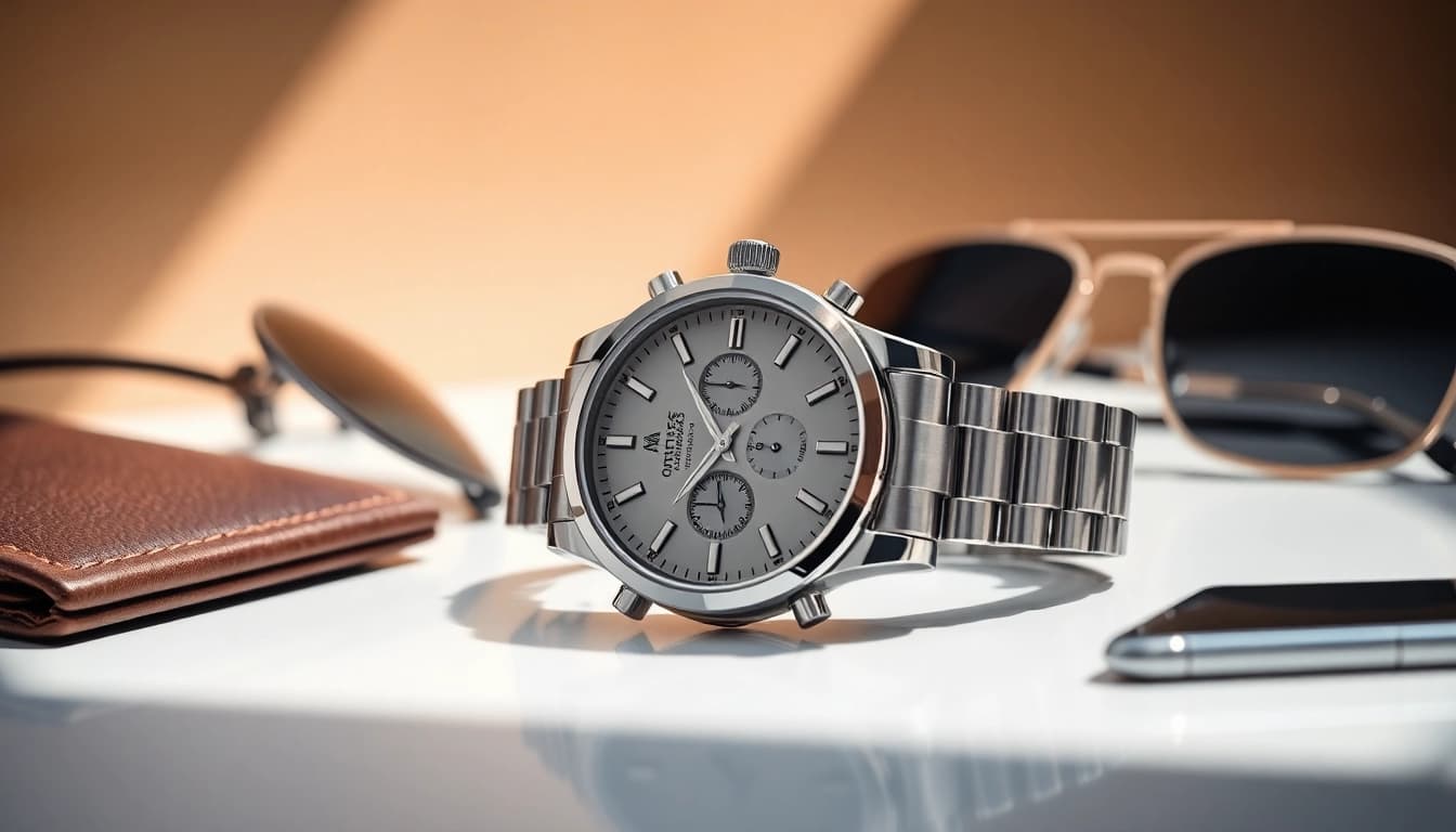 Showcase of a replica watch alongside luxury accessories, highlighting elegance.