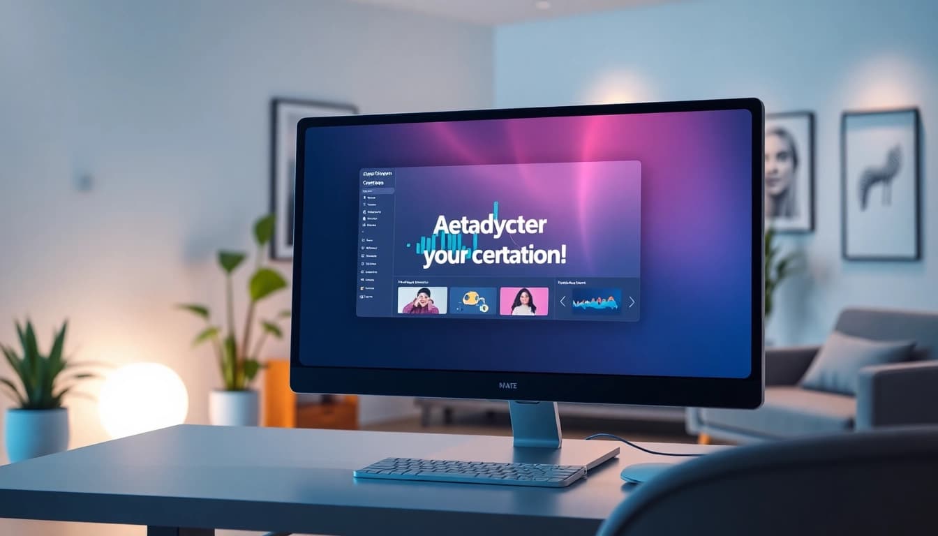 Video to promptgenerator in a modern workspace with vibrant analytics and ambient lighting.