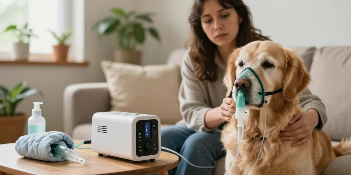 Pet Oxygen therapy equipment helping a senior golden retriever breathe easier.