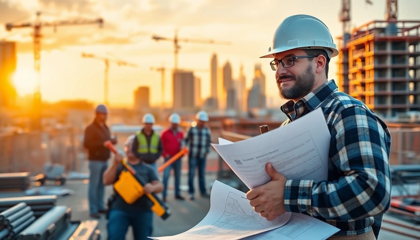 Construction career showcased through workers collaborating on a bustling job site.