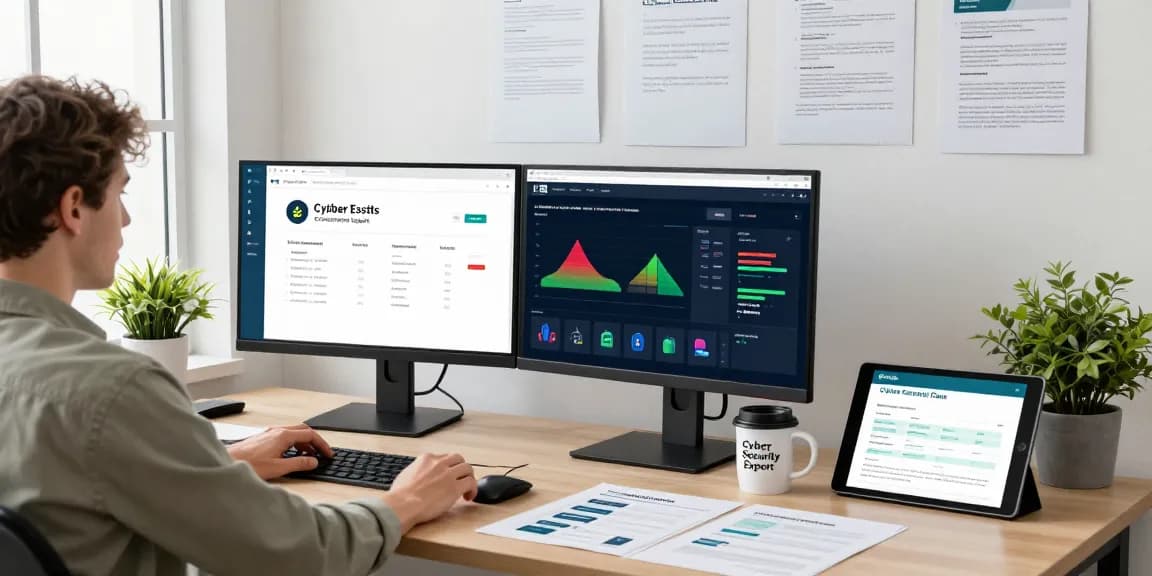 Cyber essentials plus cost overview in a cybersecurity office setting with compliance software and a professional atmosphere.