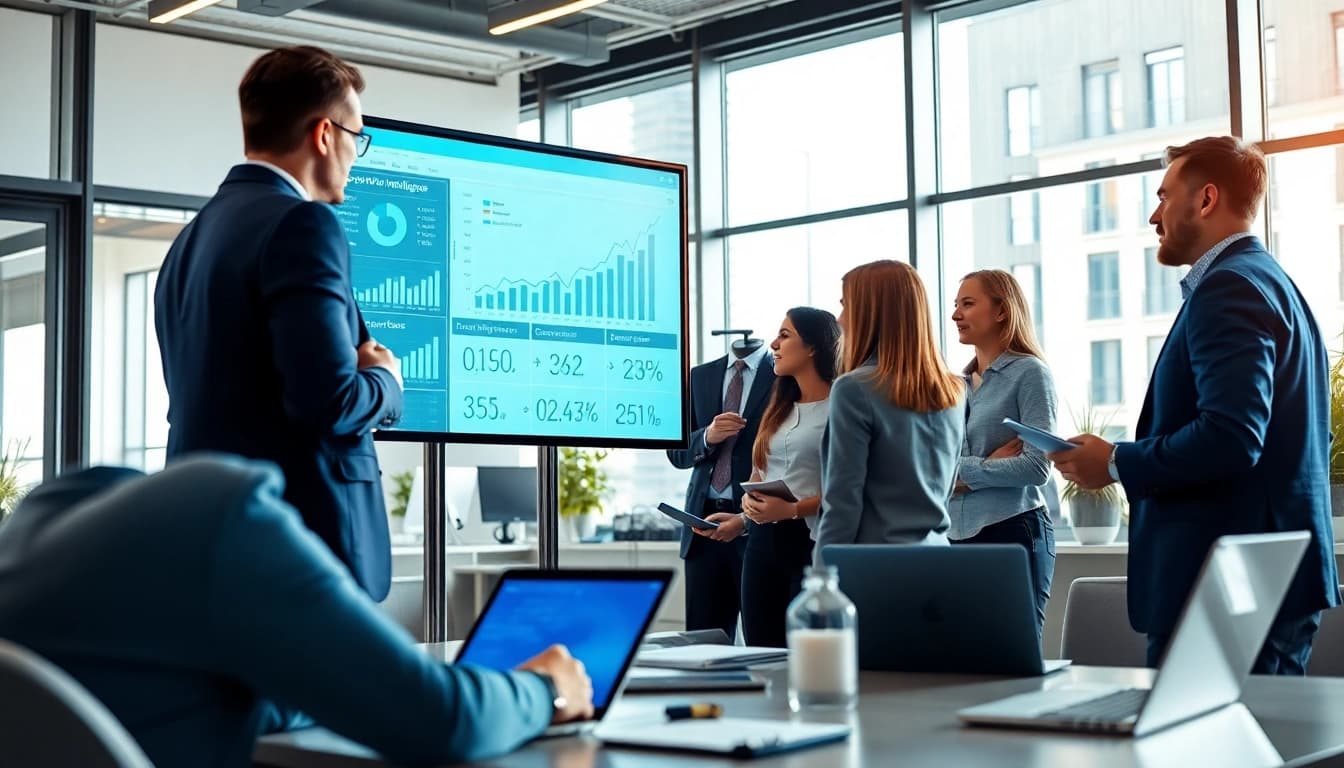 Professionals collaborating on competitive intelligence insights in a modern office.