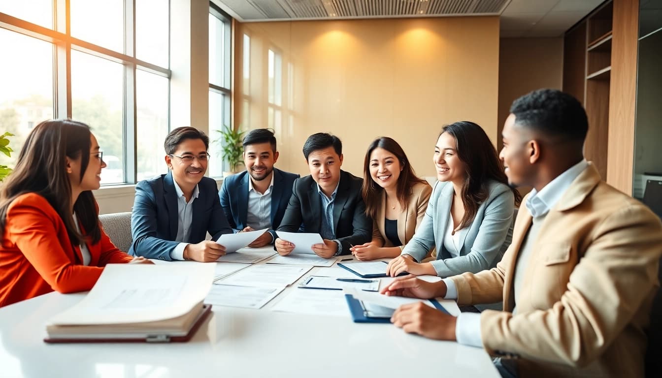 Engaged professionals collaborating on contract management in a bright office setting.