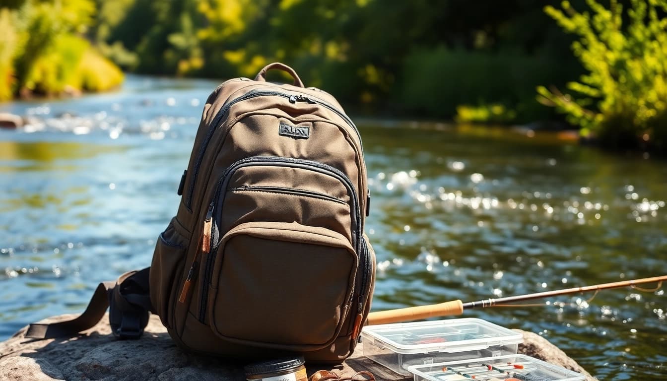 Fly fishing backpack positioned near a picturesque river, displaying its rugged features and gear organization.