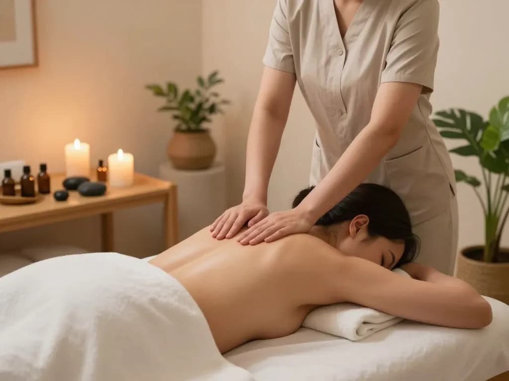 부드러운 조명과 차분한 요소가 있는 역삼동마사지 치료를 특징으로 하는 휴식 장면.