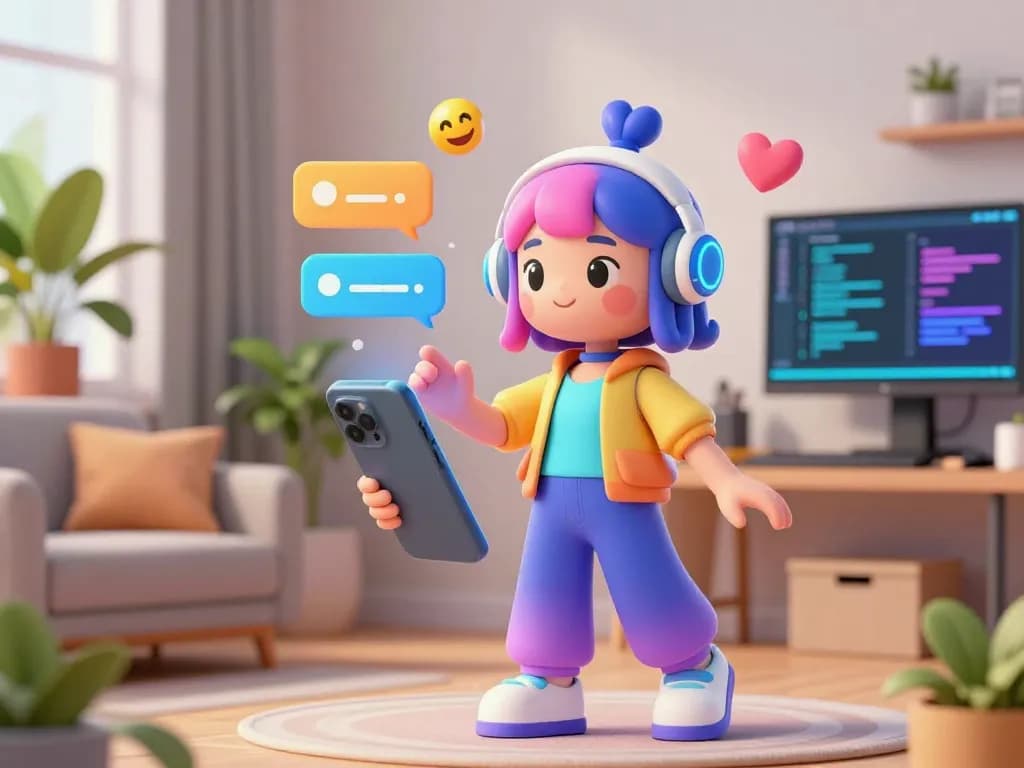 AI girlfriend chatbot character engaging in lively conversation on smartphone, showcasing emotional connectivity.