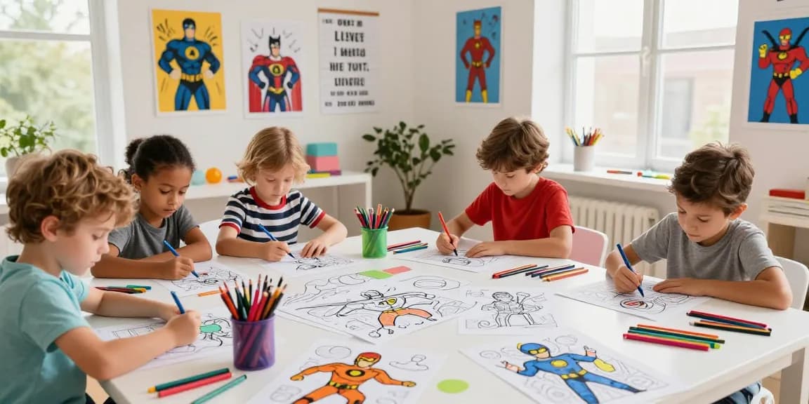 Kids enjoying superhero coloring pages with vibrant art supplies in a bright studio.