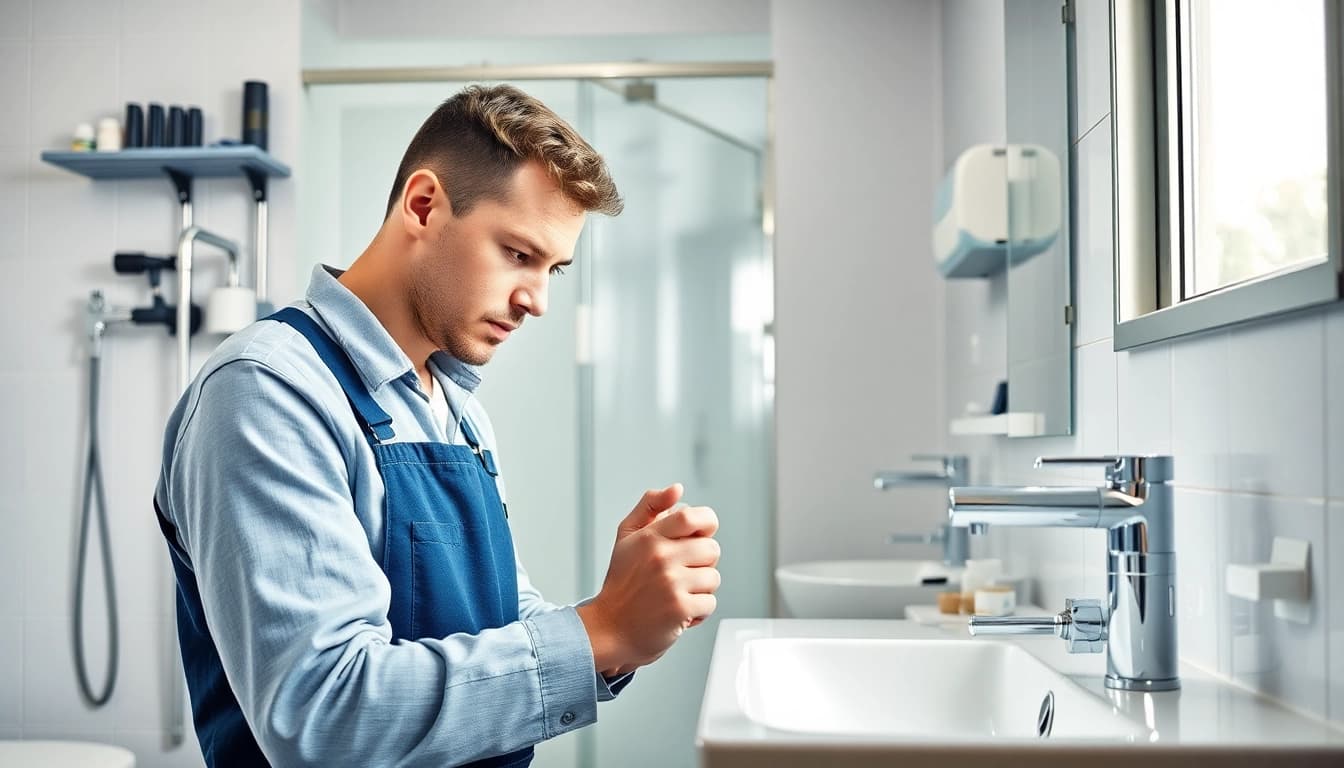 Der Installateur von sonni sanitär GmbH installiert hochwertige Armaturen in einem modernen Badezimmer.