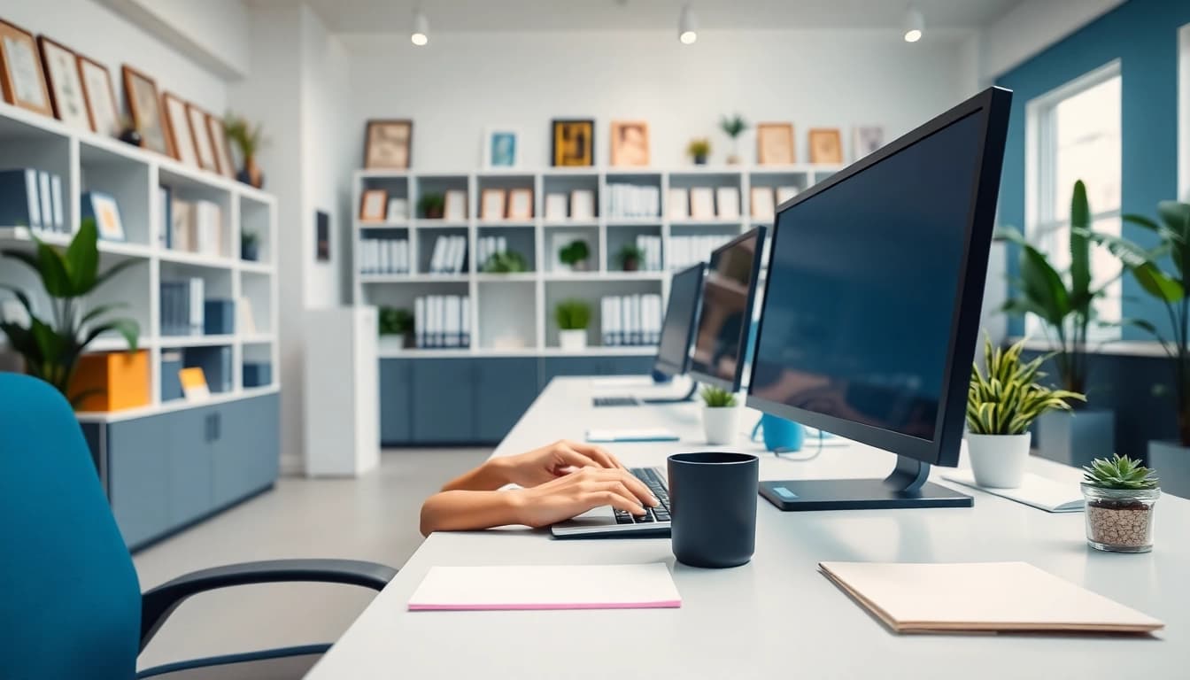 Efficient typing center showcasing a professional workspace with a person typing.