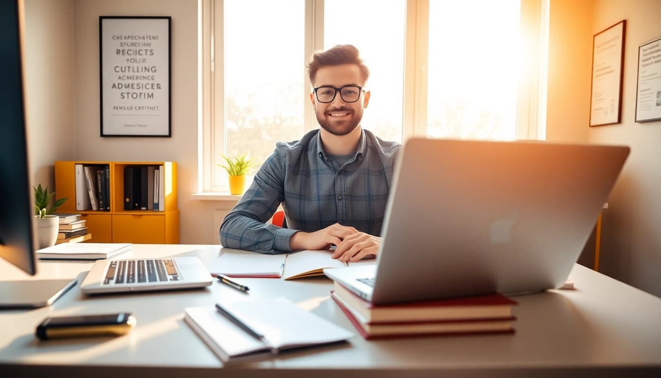 Gain IT certifications without studying in a cozy office setting featuring a motivated learner.
