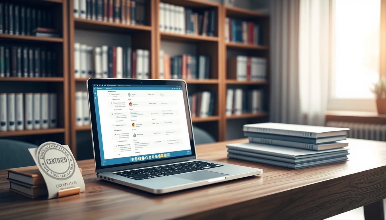 Traducteur assermenté en ligne travaillant dans un cabinet de traduction professionnel.