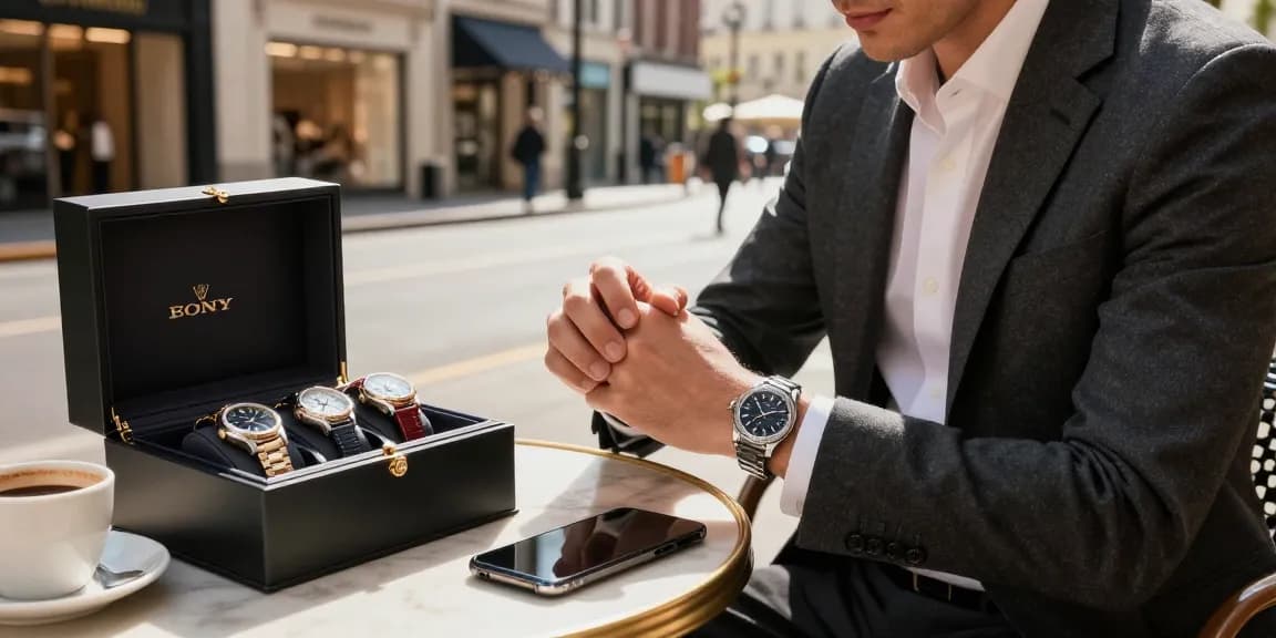 Stylish individual showcasing a premium replica watch in an urban café, highlighting modern luxury.