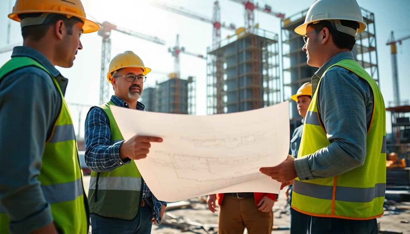 Manhattan General Contractor discussing plans with crew at construction site, emphasizing teamwork.