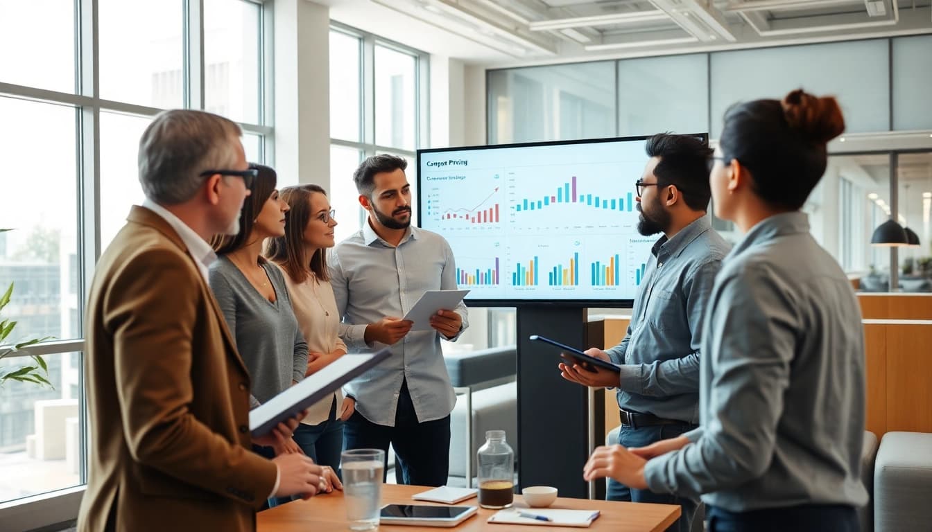 Find competitor pricing through analysis of diverse market data visuals in a modern office.