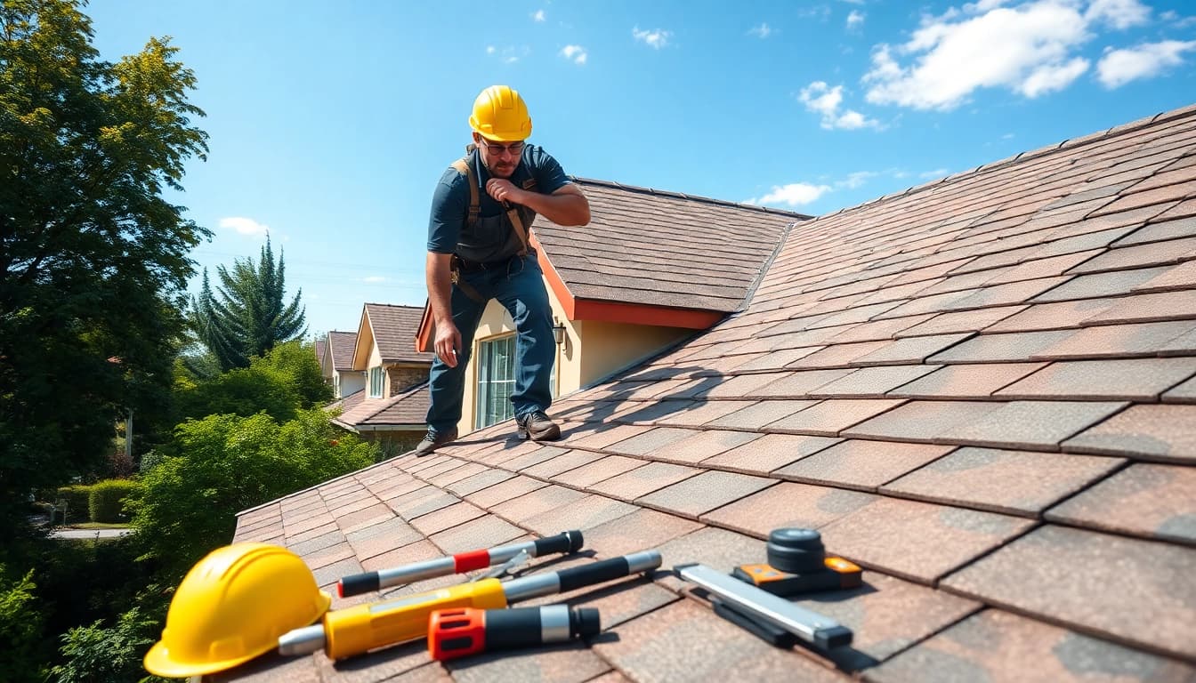 Inspecting reliable roofing services on a residential property emphasizing quality craftsmanship.