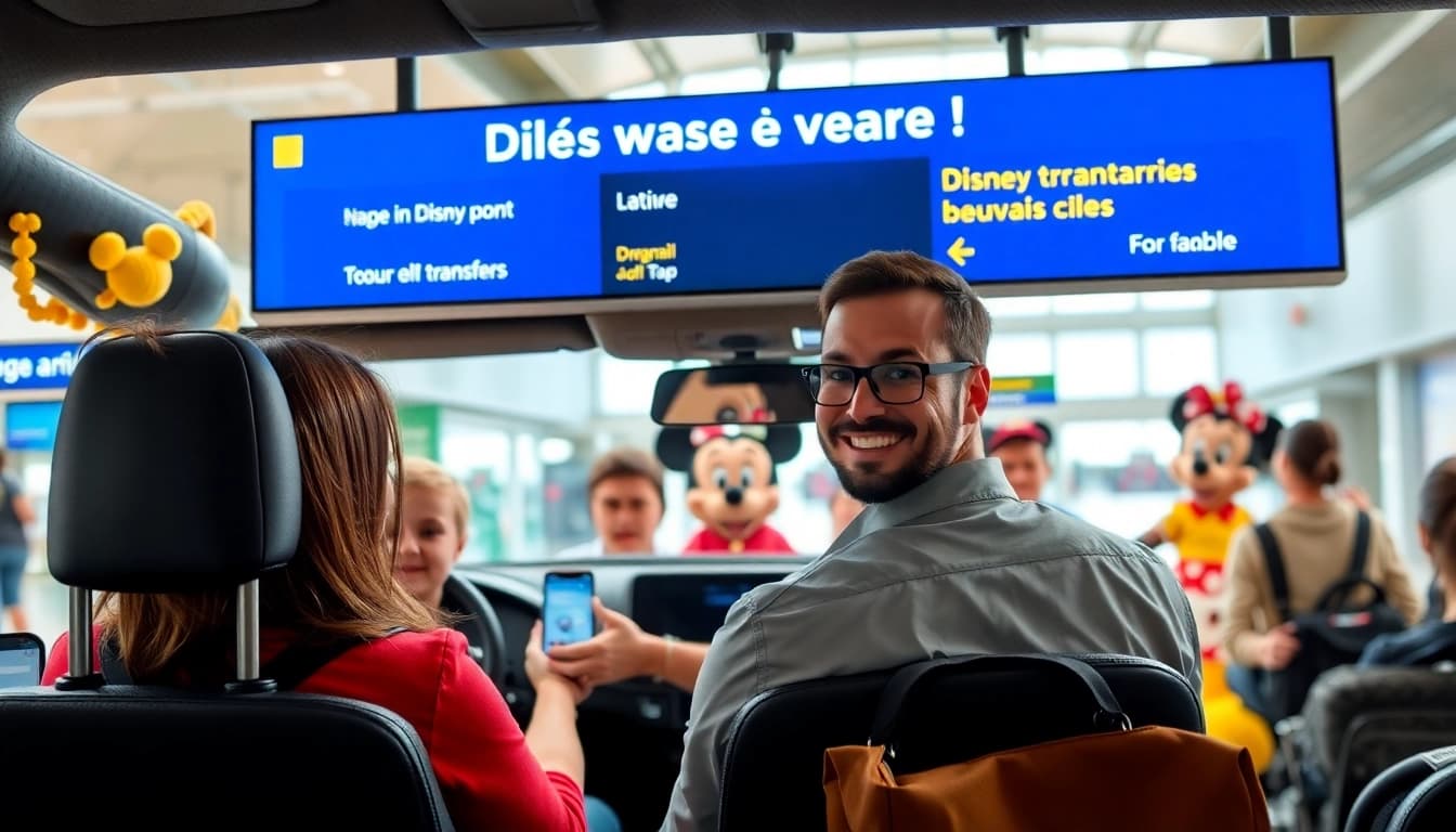 Transfer from Beauvais Airport to Disney featuring a smiling driver and vibrant atmosphere.