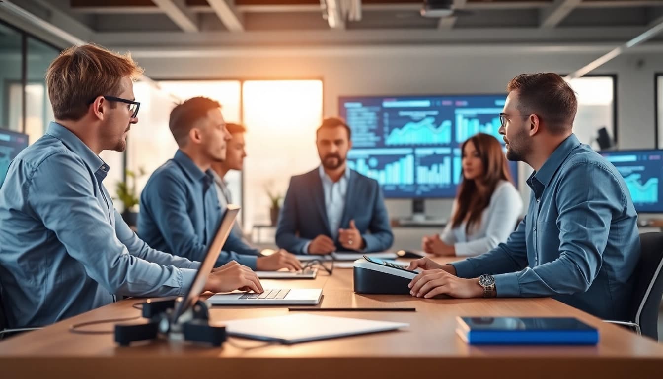 Showcasing Business IT Solutions, an IT consultant leads a team discussing strategies in a modern office.