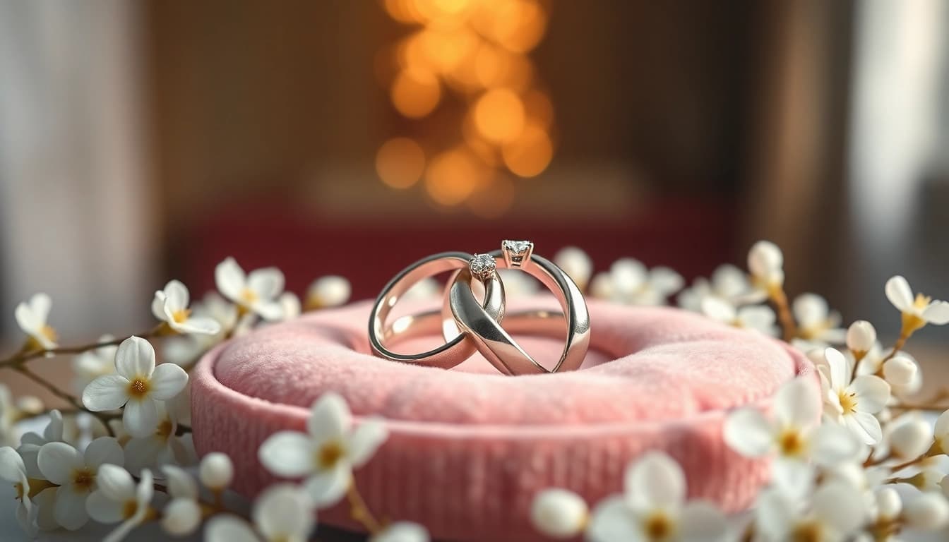 Showcase of couple rings displayed amidst delicate white flowers, highlighting love and elegance.