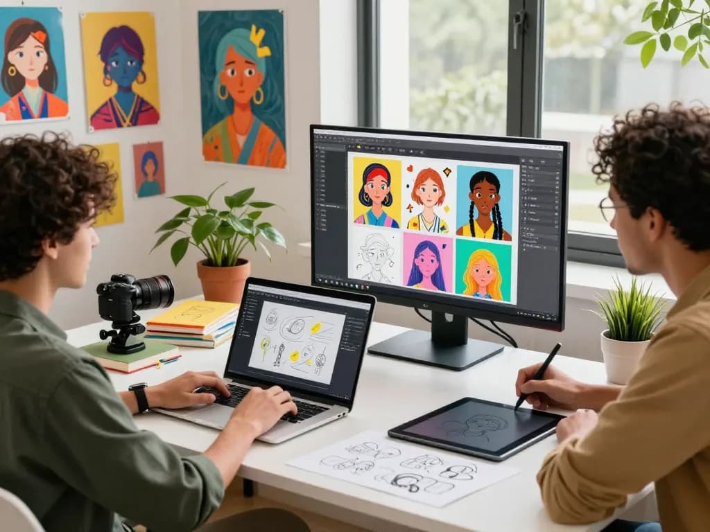 Content creators collaborating on Nano Banana 2 in a modern digital art workspace