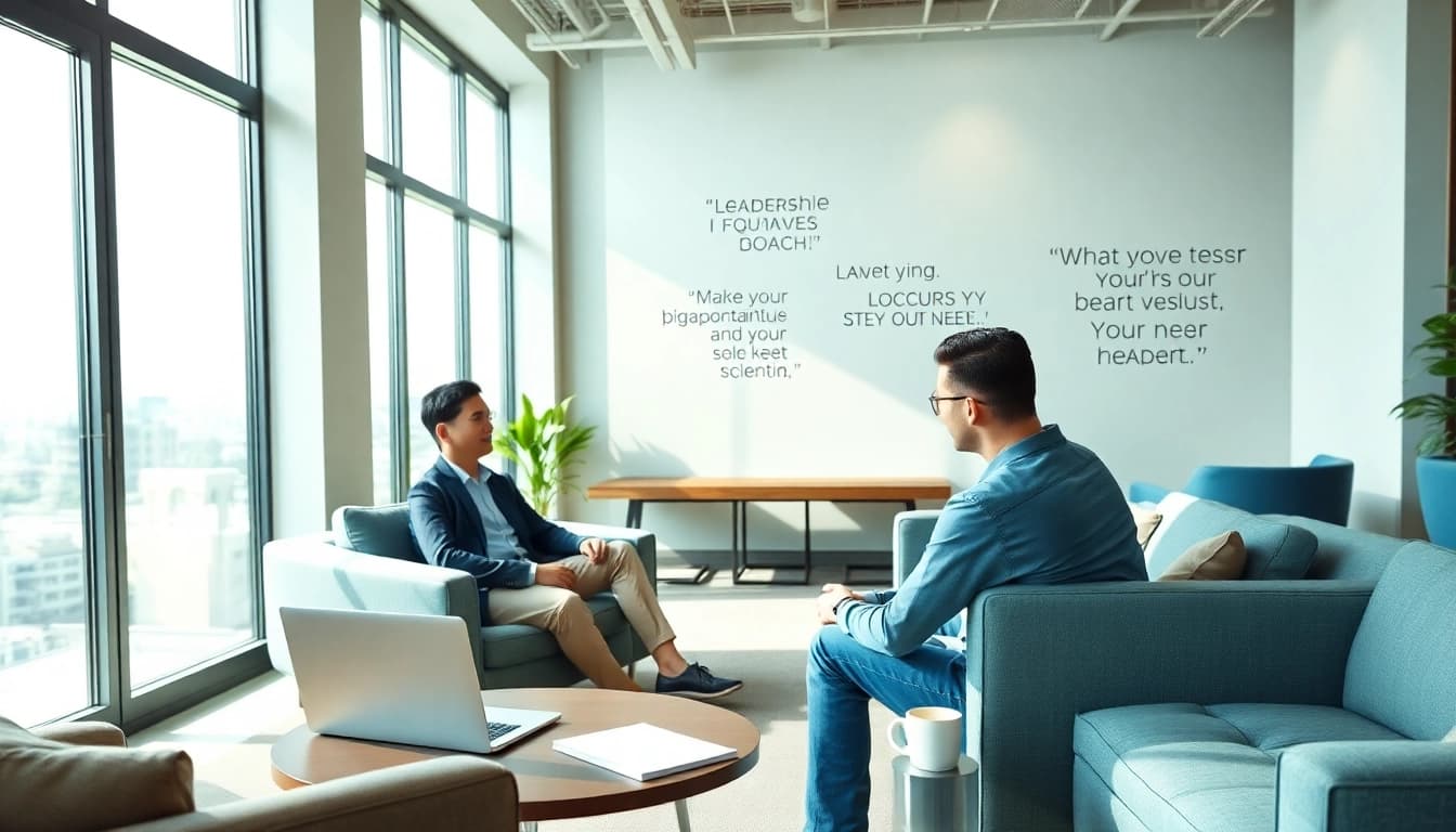 Leadership coach engaging with a client in a modern office setting.