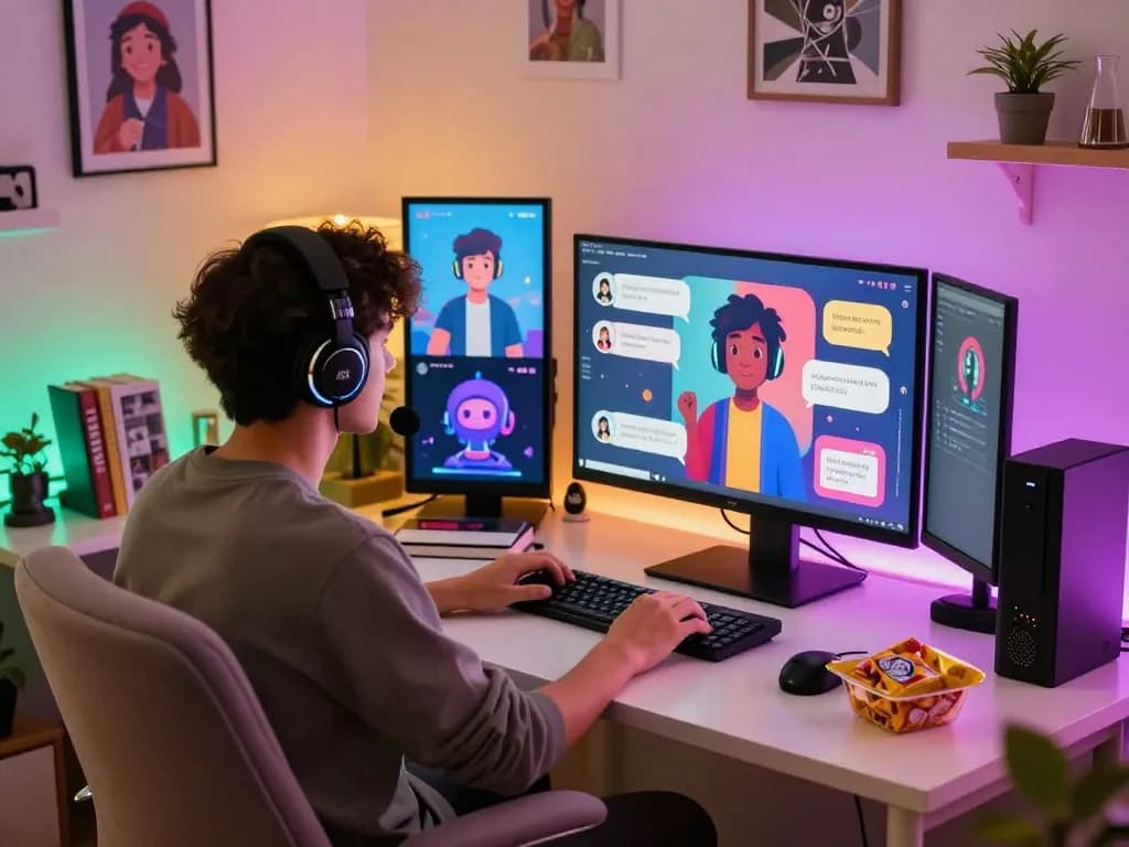 Engaging NSFW AI interaction with colorful avatars in a cozy workspace