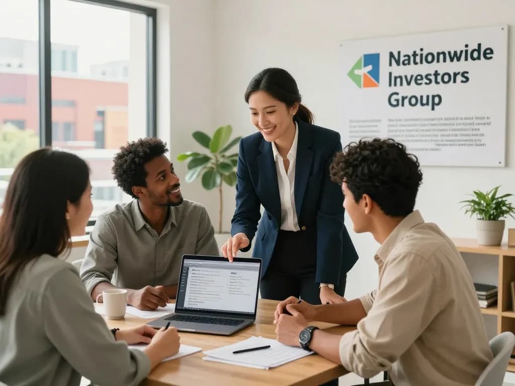 Engaging discussion with the Nationwide investors group in a modern real estate office about cash offers and investment opportunities.