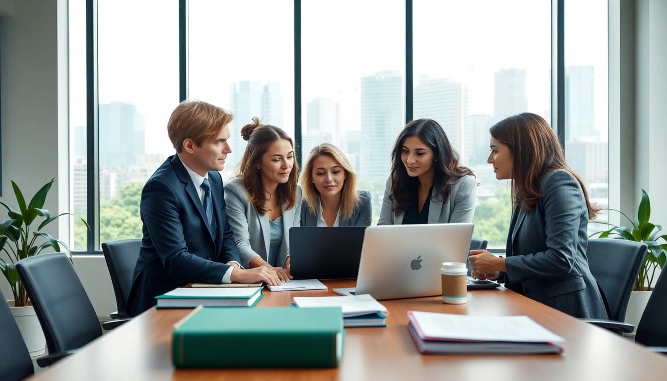Environmental law firm team collaborating effectively in an eco-friendly office.