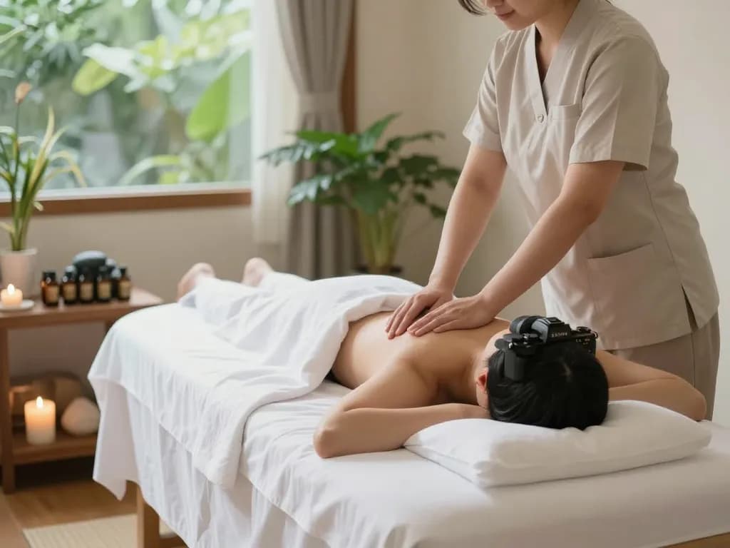Experience a relaxing 역삼동마사지 treatment in a serene spa environment with candles and soothing decor.