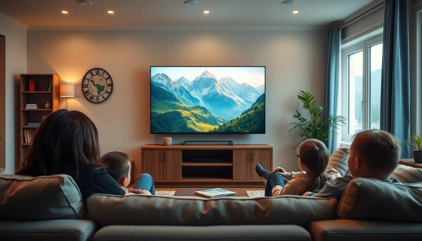 Engaged family enjoying IPTV Suisse in a cozy home with vibrant landscapes displayed on TV.