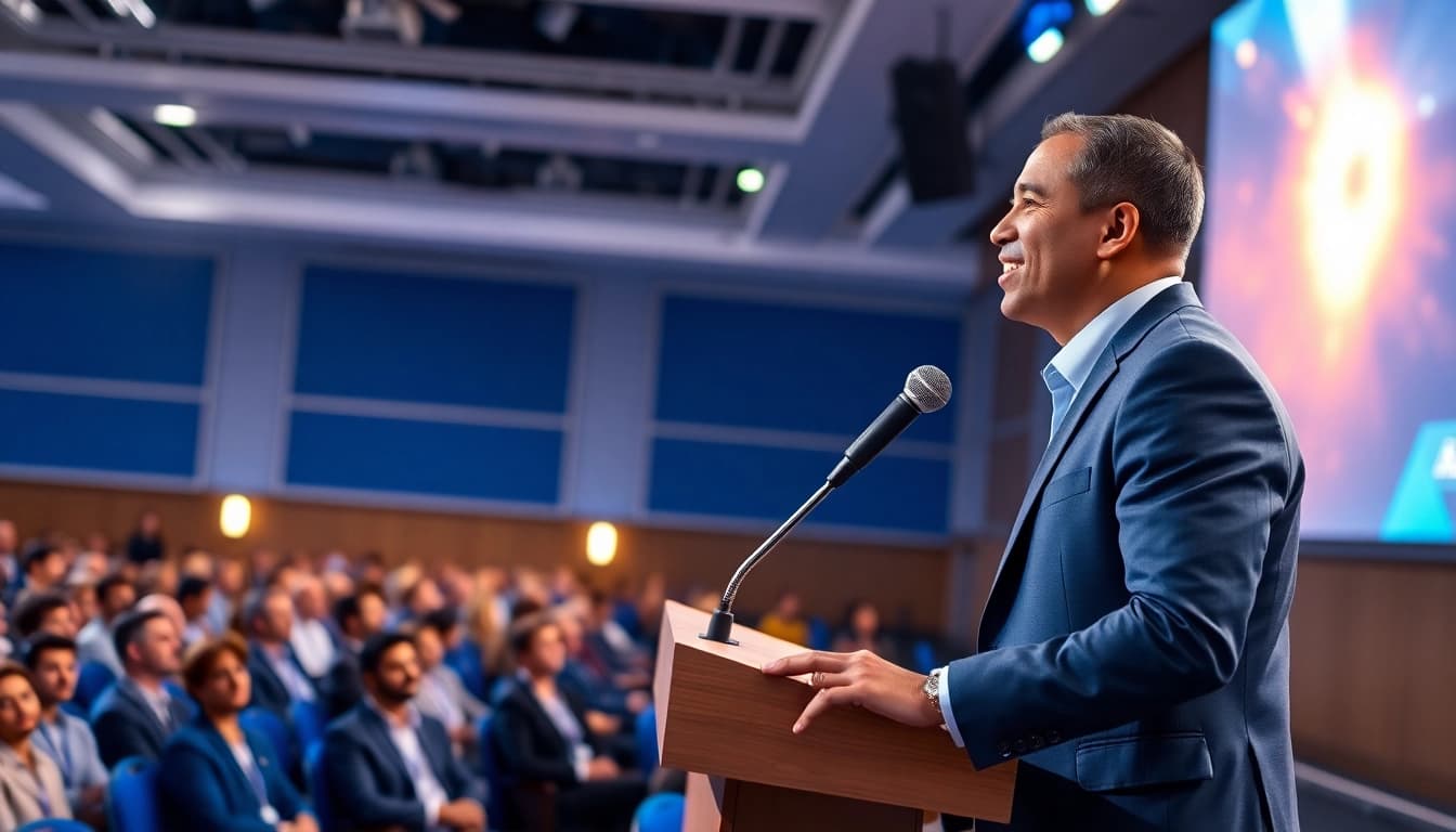 Keynote Speaker captivating an audience with an engaging presentation at a vibrant event.