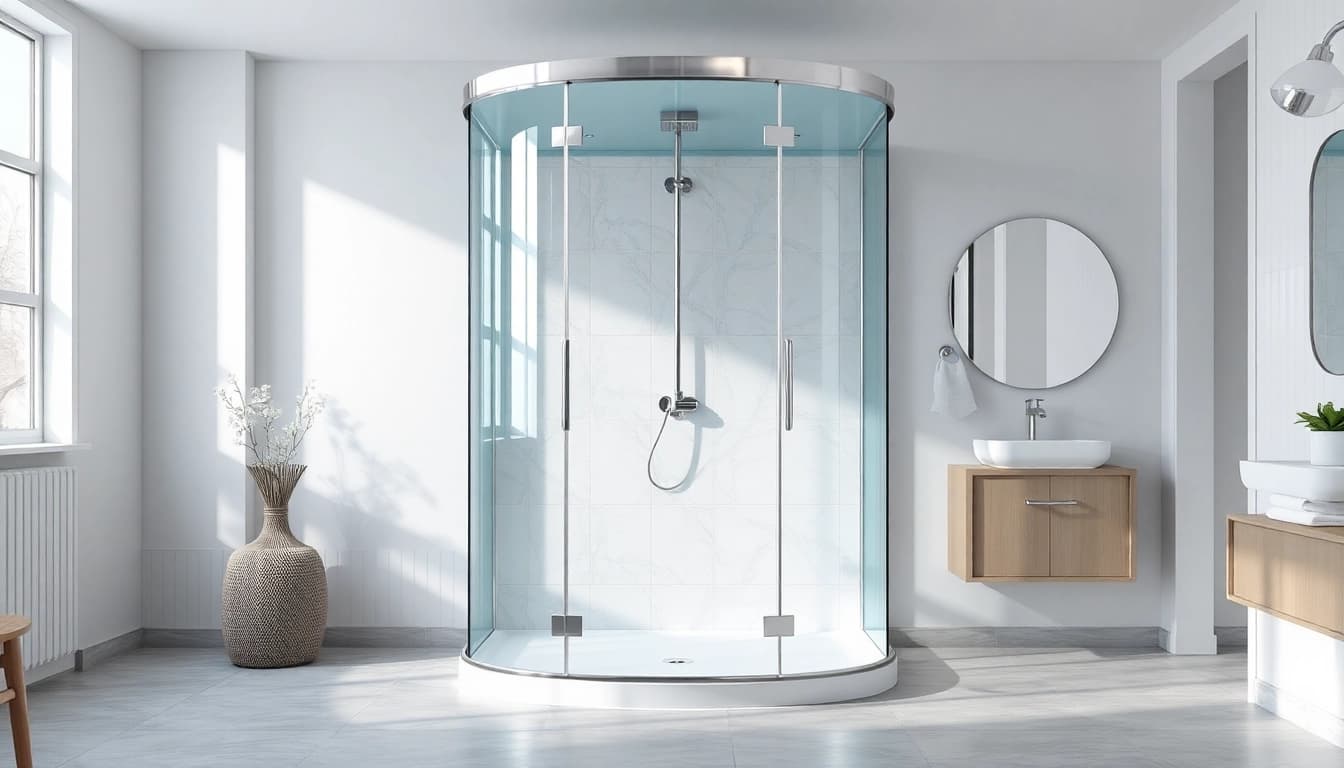 Erstklassige sonni Duschkabine im eleganten Badezimmer mit Glasoberflächen.