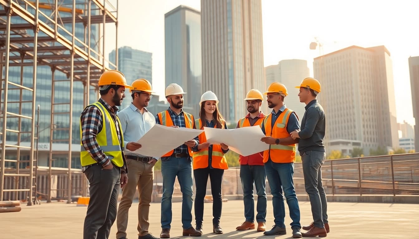 Construction professionals from southern california contractors association collaborating on a project in a vibrant urban setting.