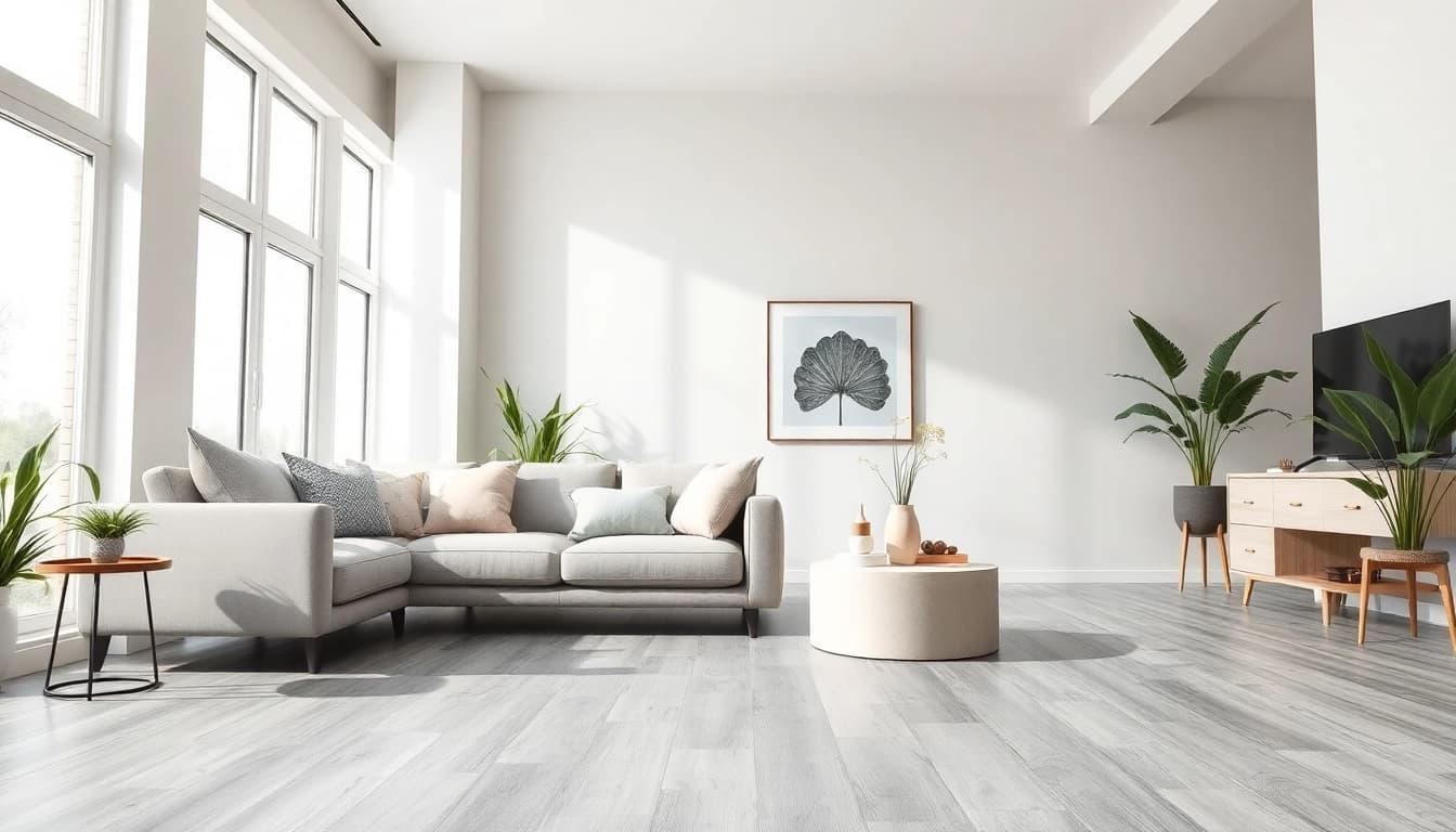 Explore cheap vinyl flooring in a bright, modern living room design with cozy furnishings.