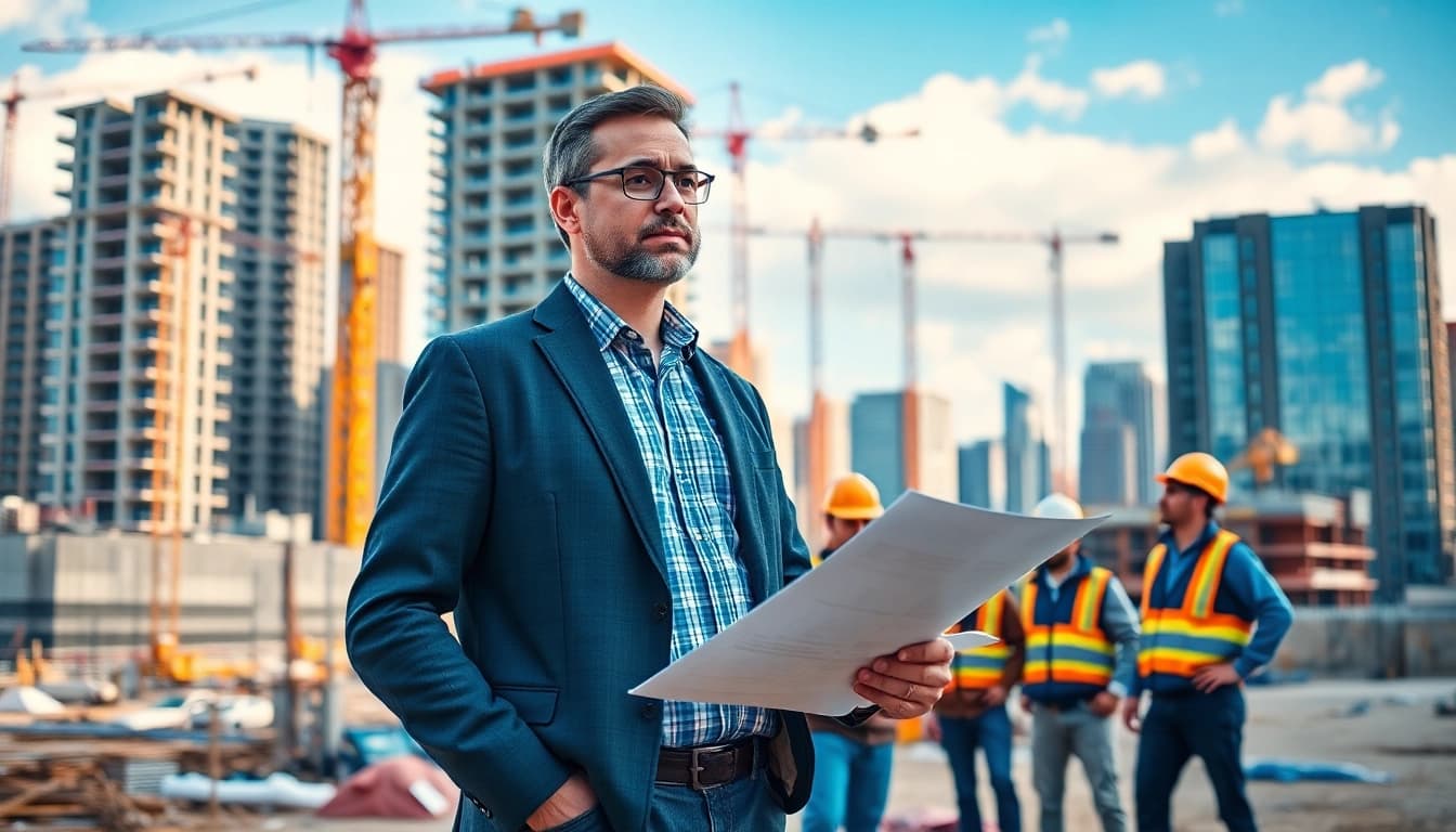 New Jersey Construction Manager directing a busy construction site with team collaboration.